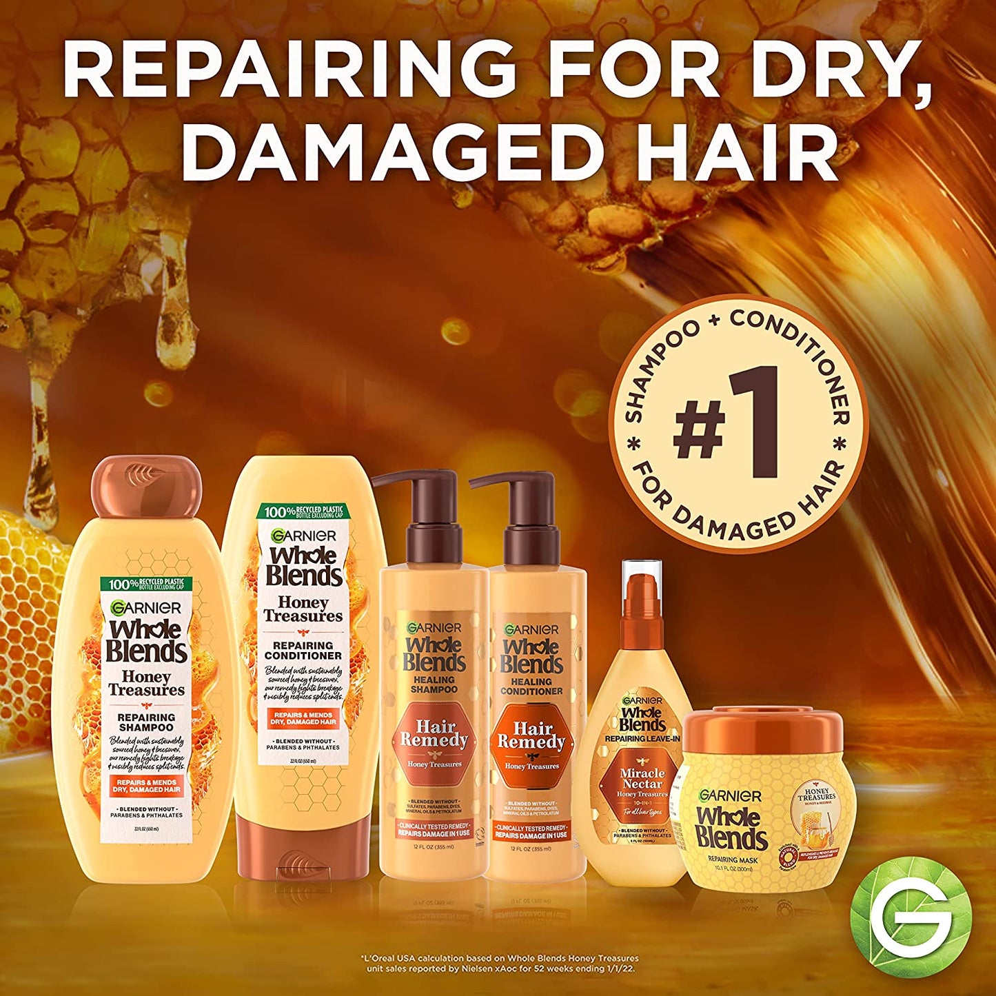 Garnier Whole Blends Honey Treasures Repairing Shampoo and Conditioner, for Dry, Damaged Hair, 22 Fl Oz Ea, 1 Kit (Packaging May Vary) Health & Beauty > Personal Care > Hair Care Garnier   