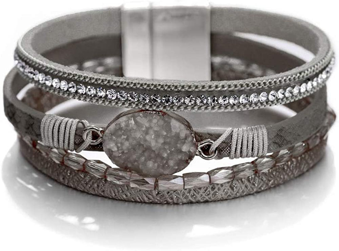 Fesciory Leopard Bracelet for Women Wrap Multi-Layer Leather Bracelet Magnetic Clasp Cuff Bangle Jewelry Apparel & Accessories > Jewelry > Bracelets Fesciory B20-Grey Stone(Short)  