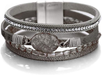 Fesciory Leopard Bracelet for Women Wrap Multi-Layer Leather Bracelet Magnetic Clasp Cuff Bangle Jewelry Apparel & Accessories > Jewelry > Bracelets Fesciory B20-Grey Stone(Short)  