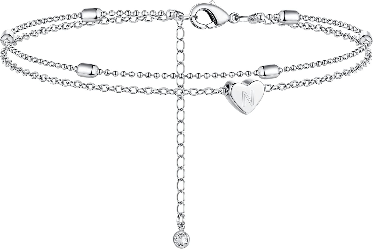 Moodear Silver Ankle Bracelets for Women, Sterling Silver Initial Anklet Layered Dainty Tiny Heart Charm Handmade Carved Alphabet A-Z Letter Ankle Bracelet Beaded Foot Chain Personalized Name Anklets Summer Cute Boho Beach Gift for Her Apparel & Accessories > Jewelry > Anklets Moodear Sterling Silver-N  