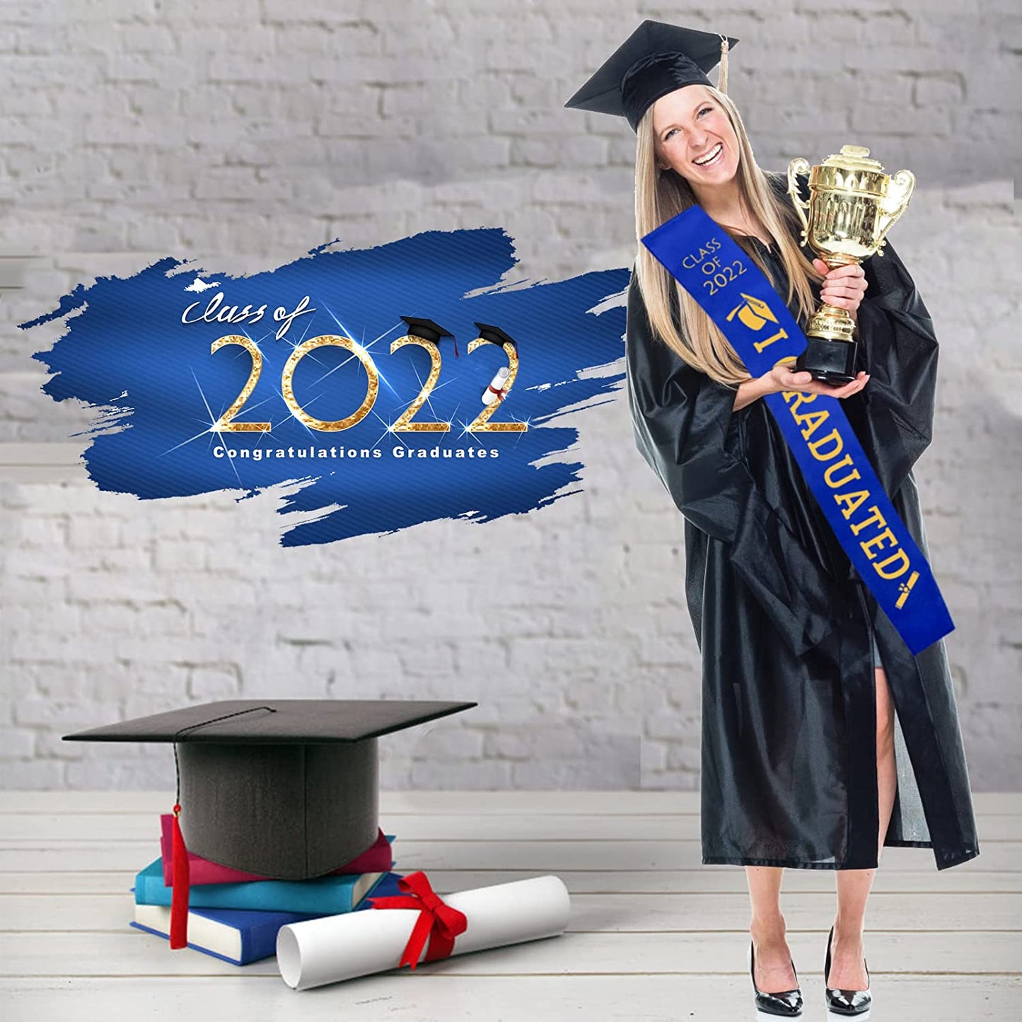 Blue Graduation Sash with Gold Glitter Letter I Graduated, Class of 2022 for Graduation Party 2022, Graduation Decorations 2022, Graduation Party Supplies Apparel & Accessories > Clothing Accessories > Sashes JOJO FLY   