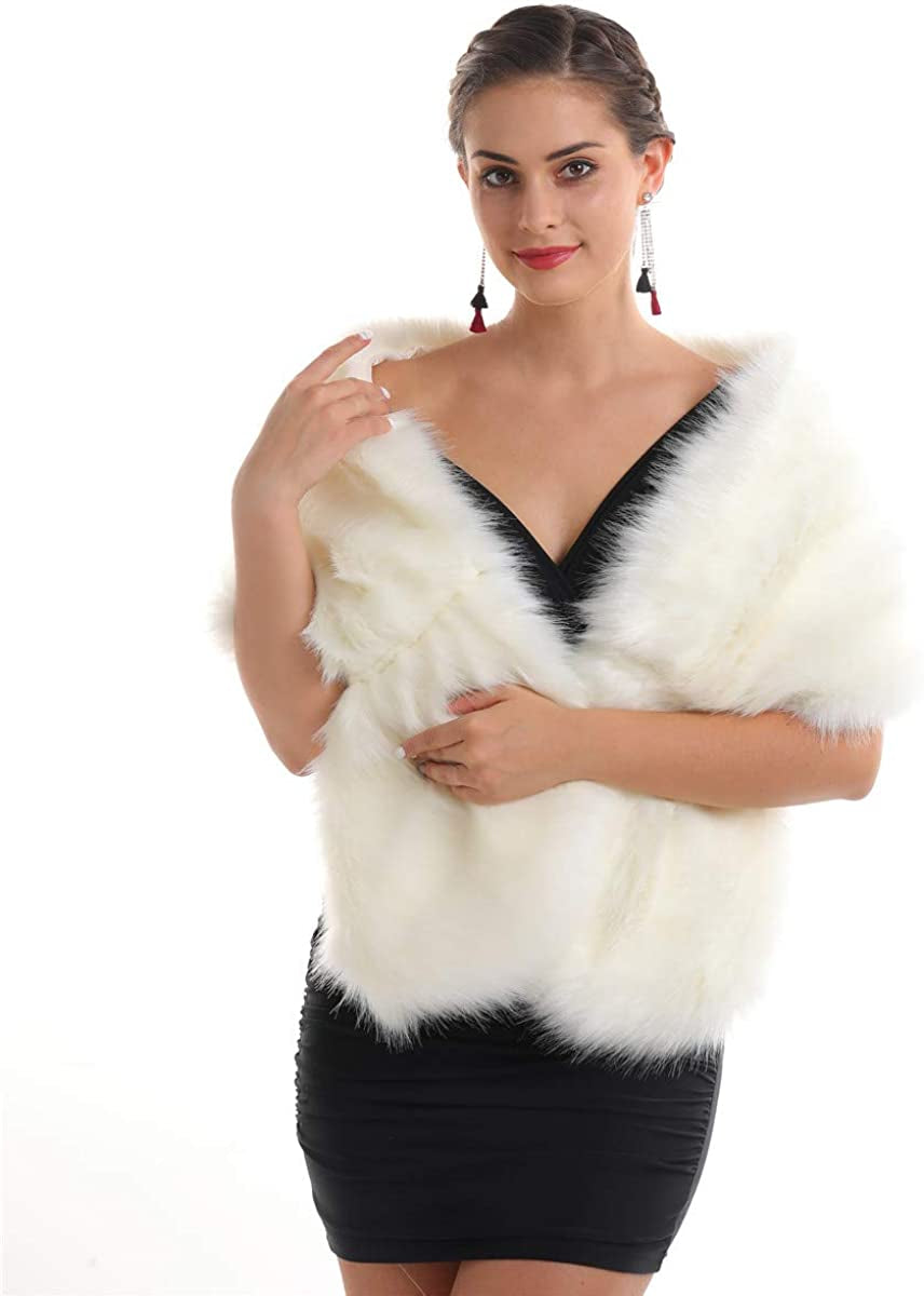 Lucky Leaf Women Luxurious Large Winter Faux Fur Scarf Wrap Collar Shrug for Lady Poncho Wedding Dinner Party Apparel & Accessories > Clothing Accessories > Scarves & Shawls Lucky Leaf Shawl White 1  