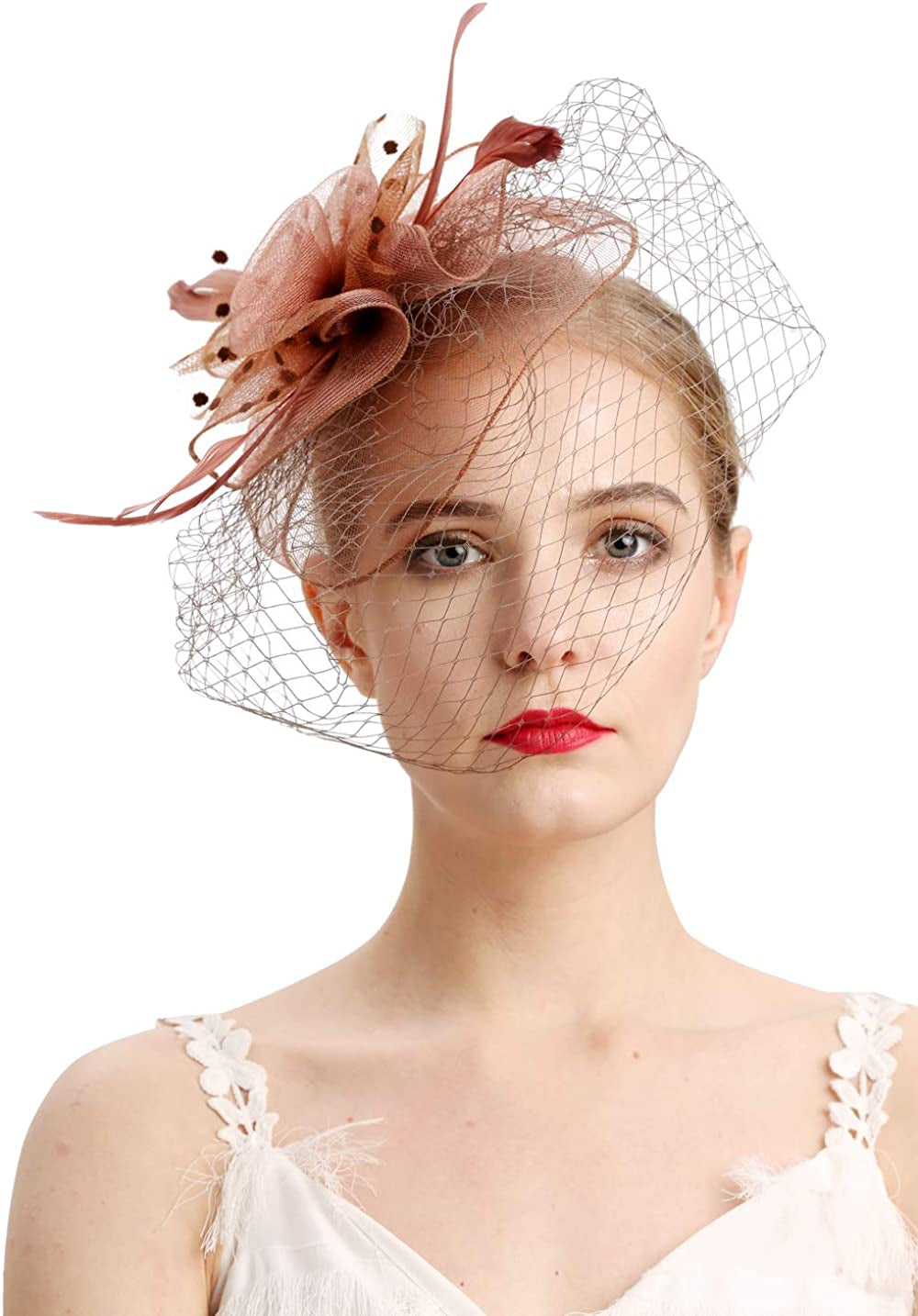 Fascinators Hats 20S 50S Hat Pillbox Hat Cocktail Tea Party Headwear with Veil for Girls and Women Apparel & Accessories > Clothing Accessories > Headwear Cizoe D-coffee  