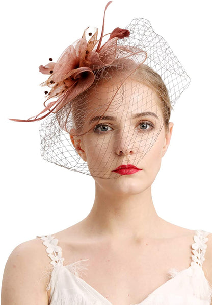 Fascinators Hats 20S 50S Hat Pillbox Hat Cocktail Tea Party Headwear with Veil for Girls and Women Apparel & Accessories > Clothing Accessories > Headwear Cizoe D-coffee  