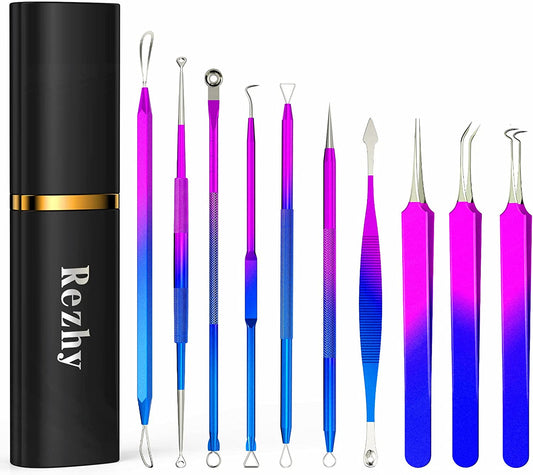 Pimple Popper Tool Kit, Rezhy 10 Pcs Blackhead Remover Comedone Extractor, Pimple Extractors Blackhead Extractor Kit for Acne Blemish Removal with Metal Case (Multicolor) Health & Beauty > Personal Care > Cosmetics > Cosmetic Tools > Skin Care Tools Rezhy   