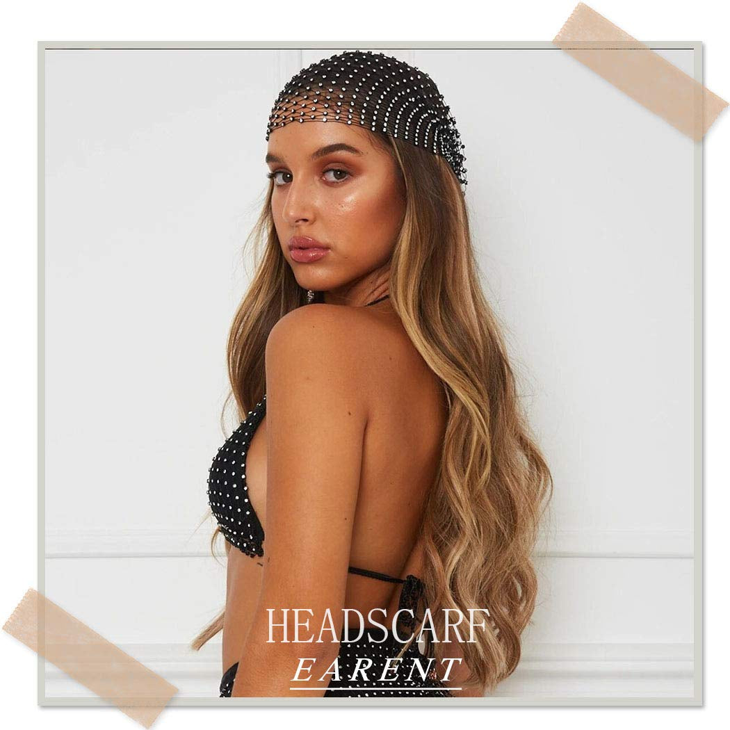 Earent Mesh Rhinestone Headbands Black Glitter Wide Hairbands Elastic Turban Kerchiefs Crystal Nightclub Headscarfs Rave Party Head Wraps Sparkle Body Jewelry for Women and Girls(Headbands) (A-Black) Apparel & Accessories > Jewelry > Body Jewelry EARENT   