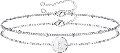 Silver Initial Bracelets for Women Teen Girls, 14K White Gold Filled Layered Letter Initial Bracelet Dainty Disc Initial Charm Bracelets Silver Bracelets for Women Girls Jewelry Gifts for Girls Apparel & Accessories > Jewelry > Bracelets MONOZO K  