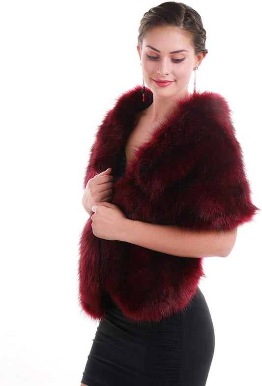 Lucky Leaf Women Luxurious Large Winter Faux Fur Scarf Wrap Collar Shrug for Lady Poncho Wedding Dinner Party Apparel & Accessories > Clothing Accessories > Scarves & Shawls Lucky Leaf Shawl Burgundy 1  