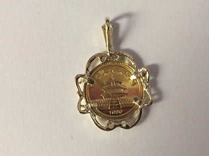 24K Chinese Panda Bear Coin Set in 14K Solid Gold Coin Charm Pendant -Random Year Coin