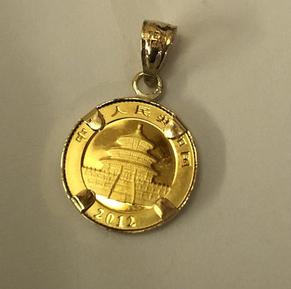 24K Chinese Panda Bear Coin Set in 14K Solid Gold Coin Charm Pendant-Random Year Coin