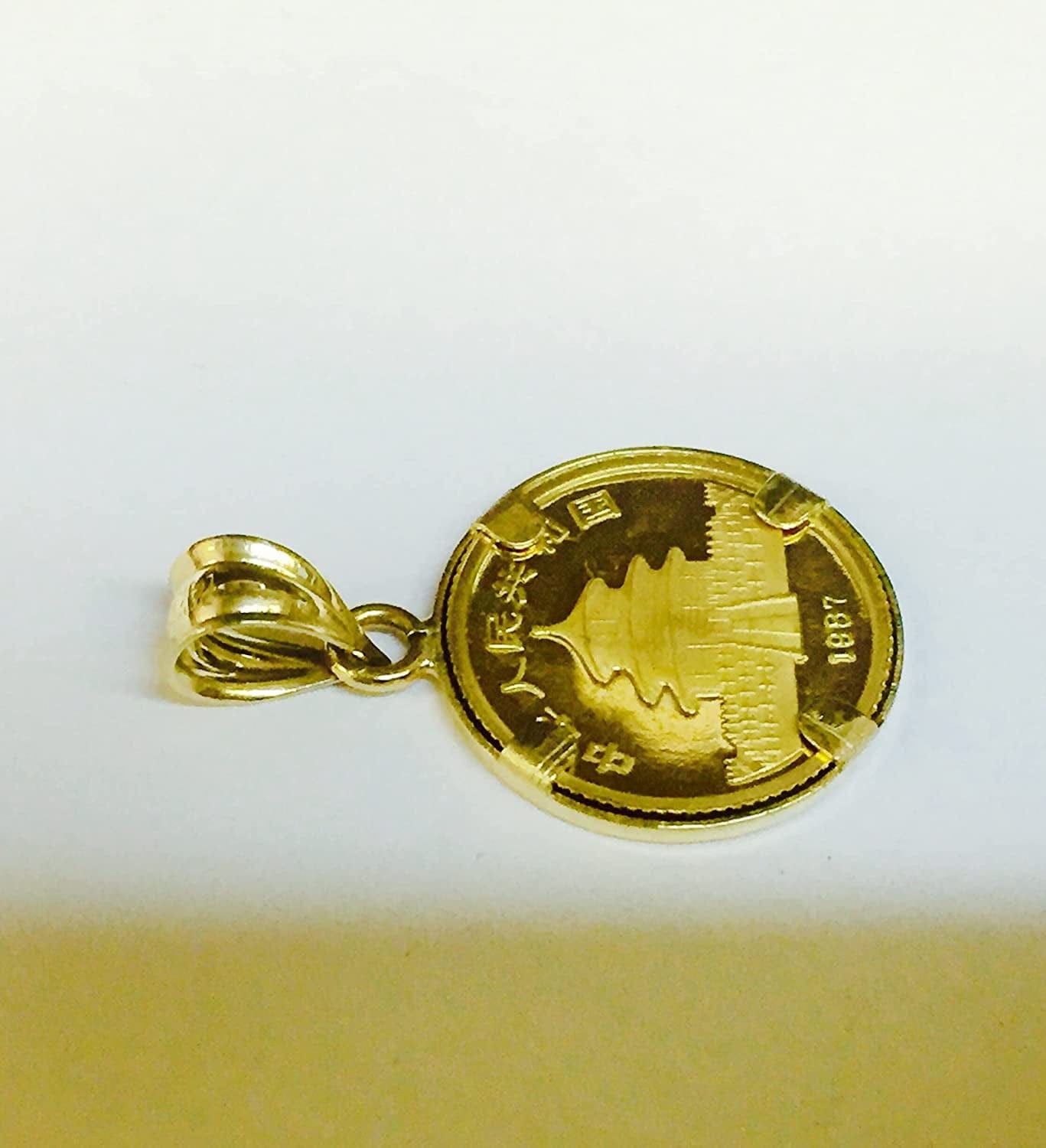 24K Chinese Panda Bear Coin Set in 14K Solid Gold Coin Charm Pendant-Random Year Coin