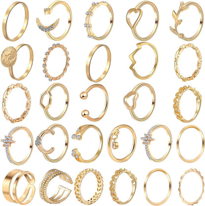 25 Pcs Knuckle Rings for Women Stackable Rings Sets Girls Bohemian Retro Vintage Joint Finger Rings Gold Rings Set for Women Men Hollow Carved Flowers Crystal Rings Gold 2