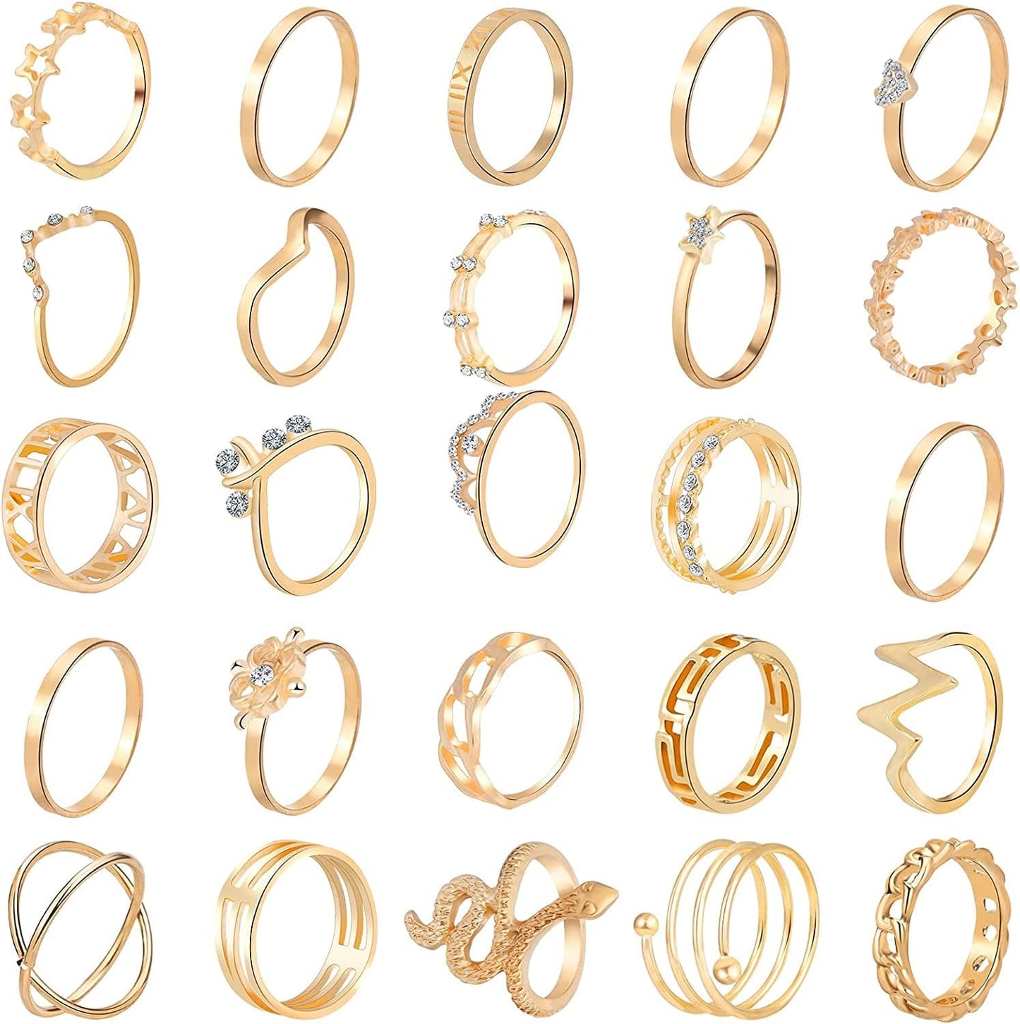 25 Pcs Knuckle Rings for Women Stackable Rings Sets Girls Bohemian Retro Vintage Joint Finger Rings Gold Rings Set for Women Men Hollow Carved Flowers Crystal Rings Gold 3