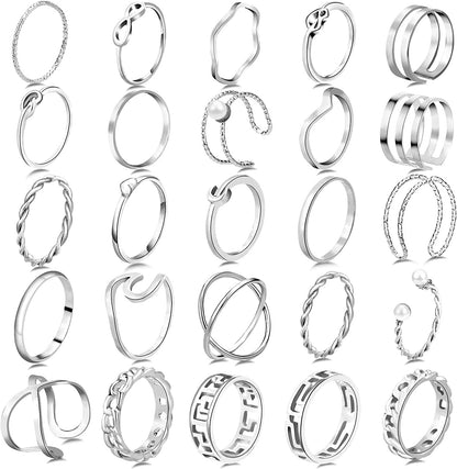 25 Pcs Knuckle Rings for Women Stackable Rings Sets Girls Bohemian Retro Vintage Joint Finger Rings Gold Rings Set for Women Men Hollow Carved Flowers Crystal Rings Silver