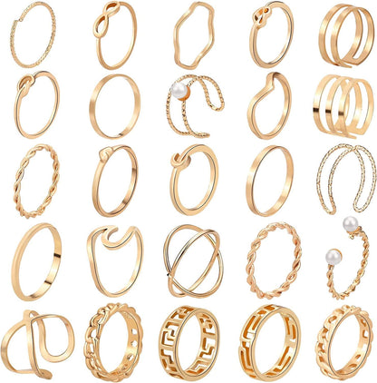 25 Pcs Knuckle Rings for Women Stackable Rings Sets Girls Bohemian Retro Vintage Joint Finger Rings Gold Rings Set for Women Men Hollow Carved Flowers Crystal Rings Gold