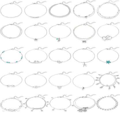 25 Pieces Ankle Chains Bracelets Adjustable Beach Anklets Boho Foot Jewelry Set for Women Girls Favors (Silver) Apparel & Accessories > Jewelry > Anklets Hicarer   