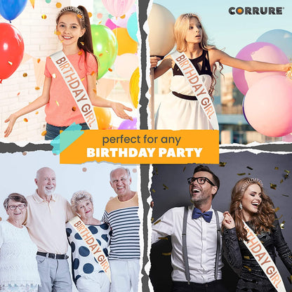 CORRURE 'Birthday Girl' Sash and Headband Tiara - White Glitter with Rose Gold Foil Happy Birthday Sash and Tiara for Women - Party Favors Supplies and Decorations for 18Th 21St 30Th 40Th Bday Party Apparel & Accessories > Clothing Accessories > Sashes Pego Brands General   