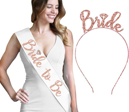 Bride Rose Gold Bridal Shower Set - BRIDAL GRADE SATIN White Sash & Rose Gold Diamond Bride Headband, Bride Kit, Bridal Giftset (B2B & HB Rsgld)Wht Apparel & Accessories > Clothing Accessories > Sashes RhinestoneSash   