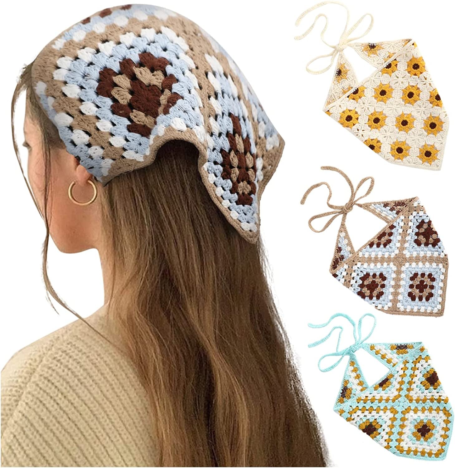 Floral Crochet Hair Bandanas Headscarf- HAIMEIKANG 2 PCS Women Hair Scarf Daisy Headband Vintage Head Kerchief for Girls Apparel & Accessories > Clothing Accessories > Bandanas & Headties HAIMEIKANG Light blue+Beige+Light coffee  