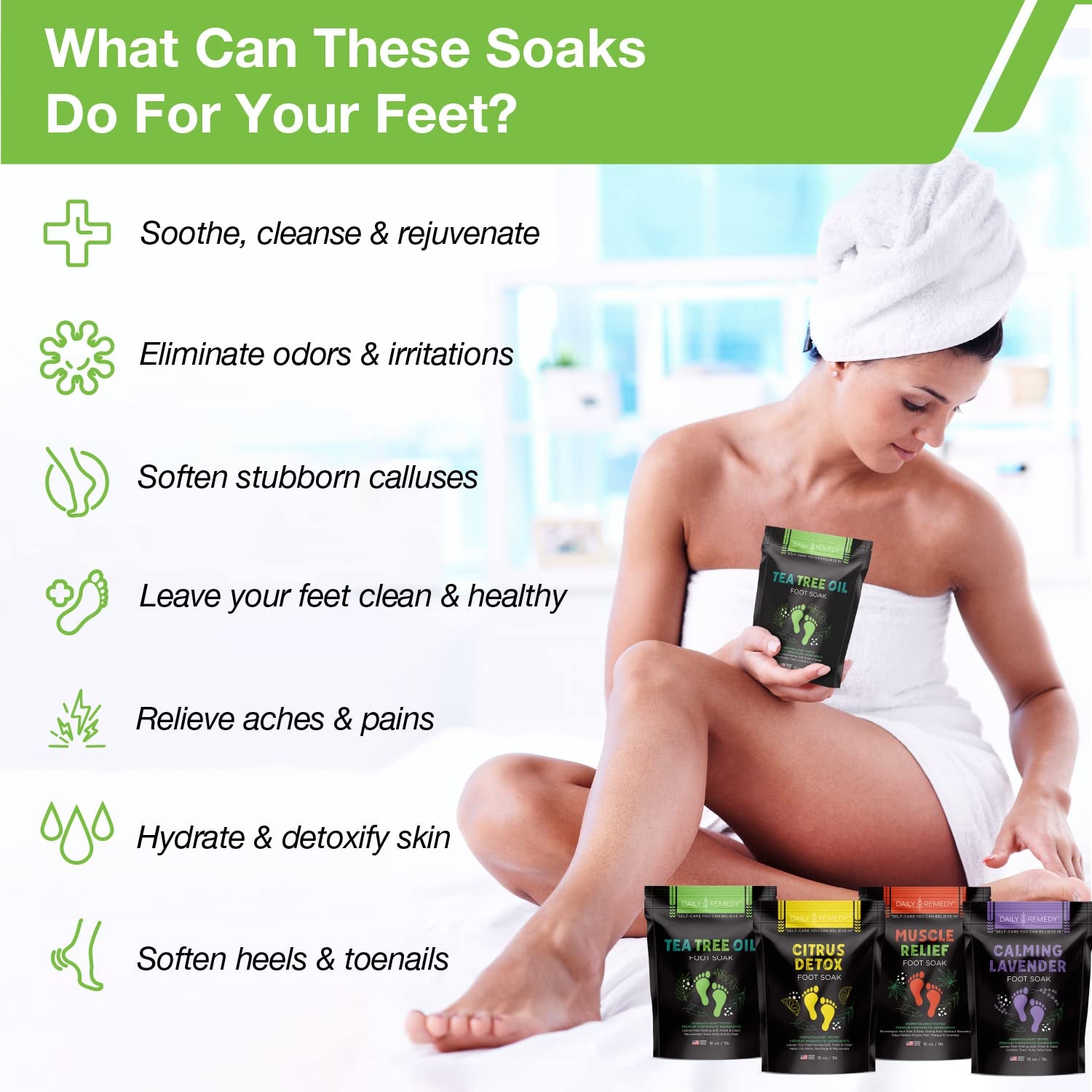 DAILY REMEDY Foot Soak Salts- Variety Pack of 4- Tea Tree Oil, Muscle Relief, Calming Lavender & Citrus Soak- for Foot Pain, Soreness, Athlete’S Foot, Odors, Calluses-Made in USA Health & Beauty > Personal Care > Foot Care DAILY REMEDY   