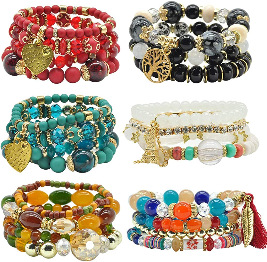 Bohemian Bracelet Sets for Women - 6 Sets Stackable Stretch Bracelets Multi-Color Boho Jewelry for Women Hippie Bracelets Dainty Jewelry Best Friend Gift Apparel & Accessories > Jewelry > Bracelets VONRU Bohemian stackable bracelet  