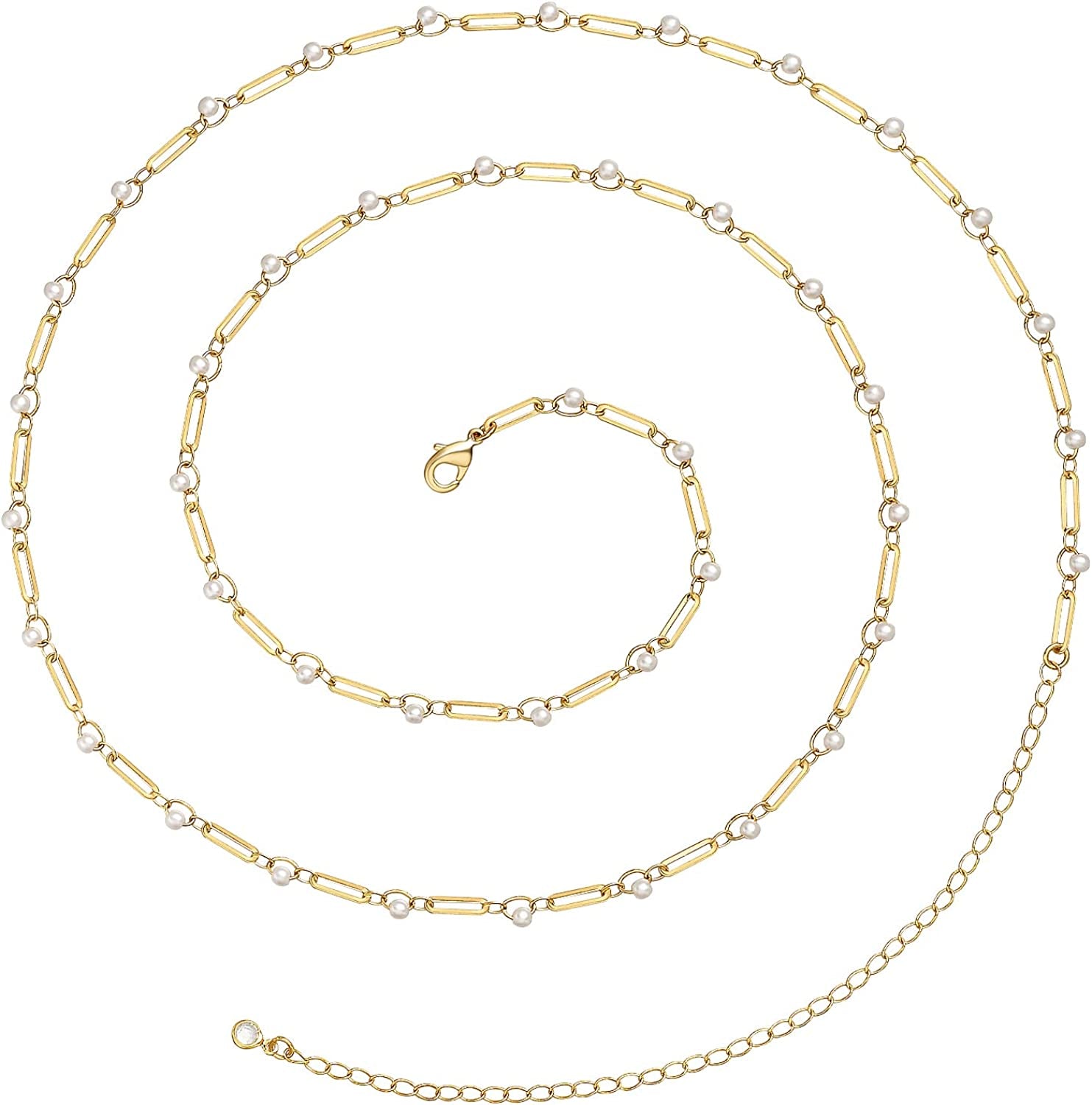 Kissyan Bikini Body Chains for Women, 14K Gold Adjustable Sexy Waist Chain Summer Beach Colorful Cuban Link Pearl Evil Eyes Belly Chain Handmade Jewelry Apparel & Accessories > Jewelry > Body Jewelry KissYan Gold-pearl&pins  