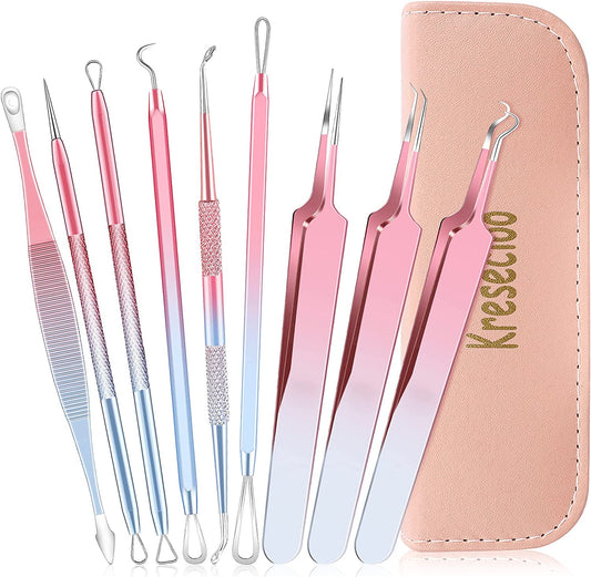 Kresecioo 9 PCS Blackhead Remover Tools, Pimple Popper Tool Kit, Acne Tools Extractor Kit Professional for Nose Face, Blemish Whitehead Zit Popping Tool with Portable Leather Bag(Pink) Health & Beauty > Personal Care > Cosmetics > Cosmetic Tools > Skin Care Tools Kresecioo   