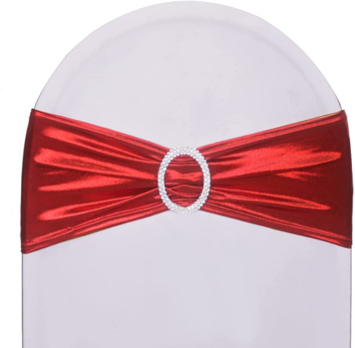 Sweeteasy 50Pcs Metallic Silver Spandex Chair Sashes, Durable Workmanship,Stretch Bows with Buckle Stretchable for Christmas Wedding Party Banquet Event Baby Shower Birthday Celebration Decoration Apparel & Accessories > Clothing Accessories > Sashes SweetEasy Metallic Red 50PCS 