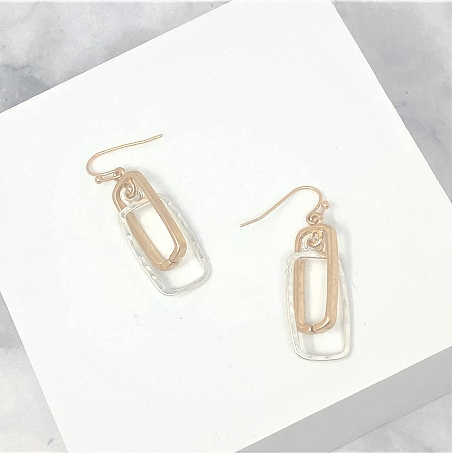 POMINA Lightweight Geometric Gold Silver Two Tone Hammered Dangle Drop Earrings Linked Circle Rectangle Oval Trendy Fashion Dangling Earrings for Women Apparel & Accessories > Jewelry > Earrings POMINA   