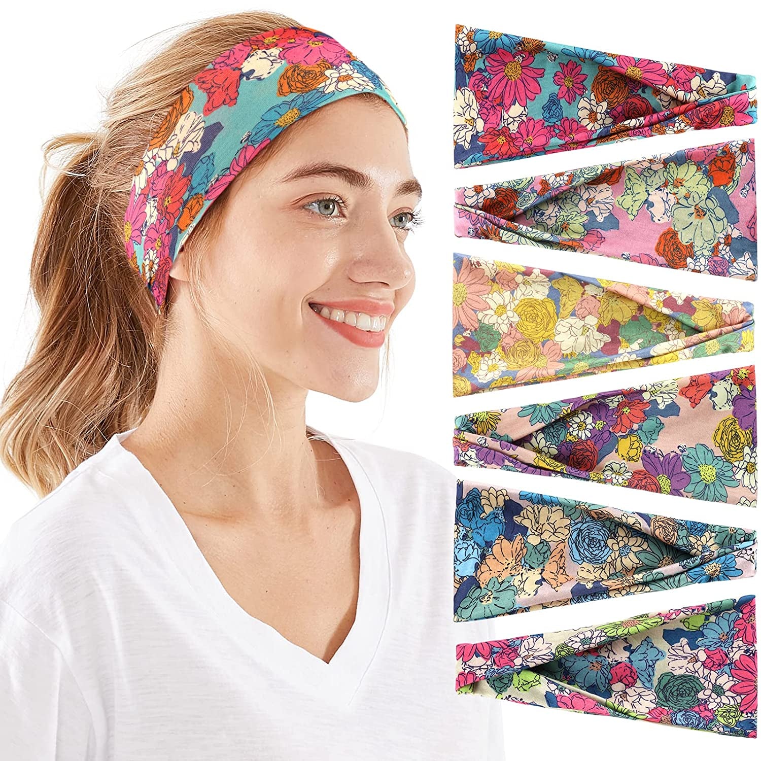 Headbands for Women, 6 PCS Yoga Running Sports Headbands Tie Dye Boho Pattern Elastic Non Slip Sweat Workout Hair Fashion Bands for Girls Apparel & Accessories > Clothing Accessories > Bandanas & Headties OFFTESTY Headbands Color-15  
