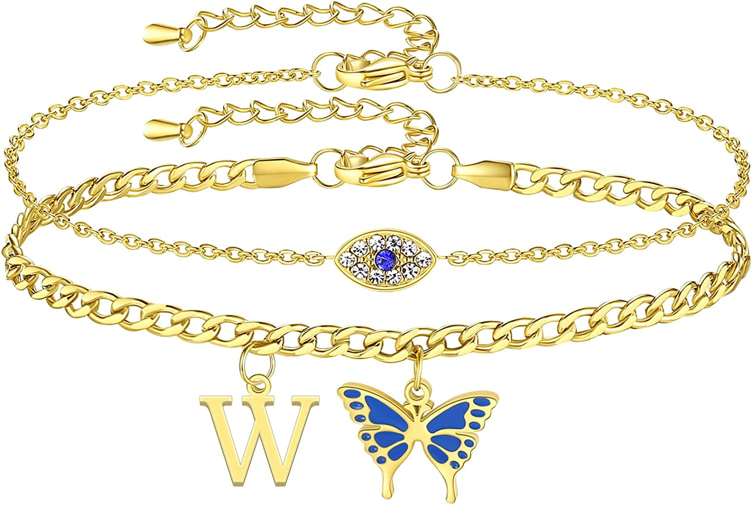 SAM & LORI 2 Pcs Anklets Set 18K Gold Plated Dainty Layered Personalized Initial Anklets Bracelets - Blue Butterfly - Sparkling CZ Evil Eye - Adjustable Summer Jewelry for Women Teen Girls Apparel & Accessories > Jewelry > Anklets SAM & LORI "Butterfly Evil Eye - W  