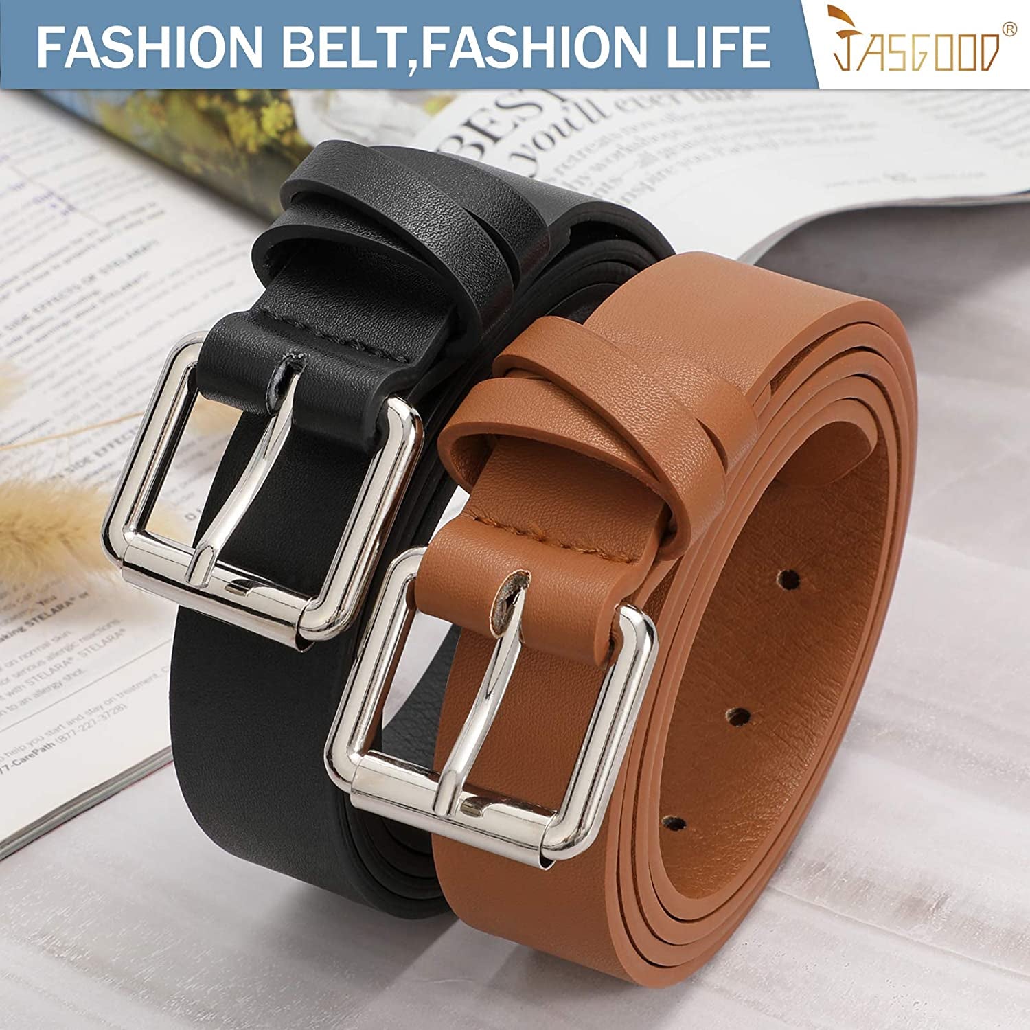 JASGOOD 2 Pack Women Leather Belt for Jeans Pants,Fashion PU Leather Belt with Alloy Buckle Apparel & Accessories > Clothing Accessories > Belts KYLIE MAX   