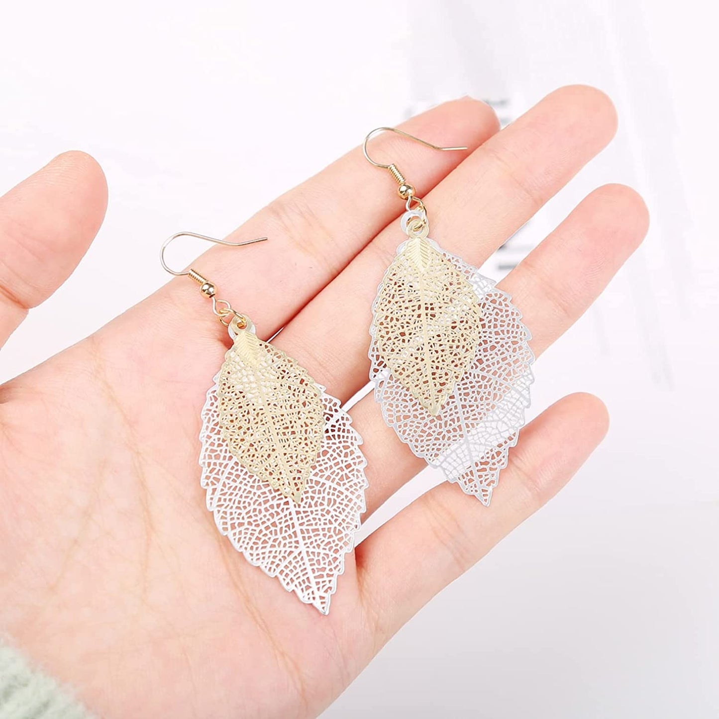 Jeolory Shiny 925 Silver 14K Gold Plated Double Layer Hollow Out Tree Leaf Shape Hook Earring Dangle for Women Lady Girl Apparel & Accessories > Jewelry > Earrings Jeolory   