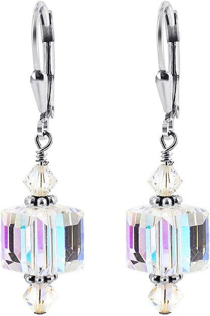 Handmade Cube Clear Austrian Crystals Leverback Drop Sterling Silver Earrings Apparel & Accessories > Jewelry > Earrings Gem Avenue   