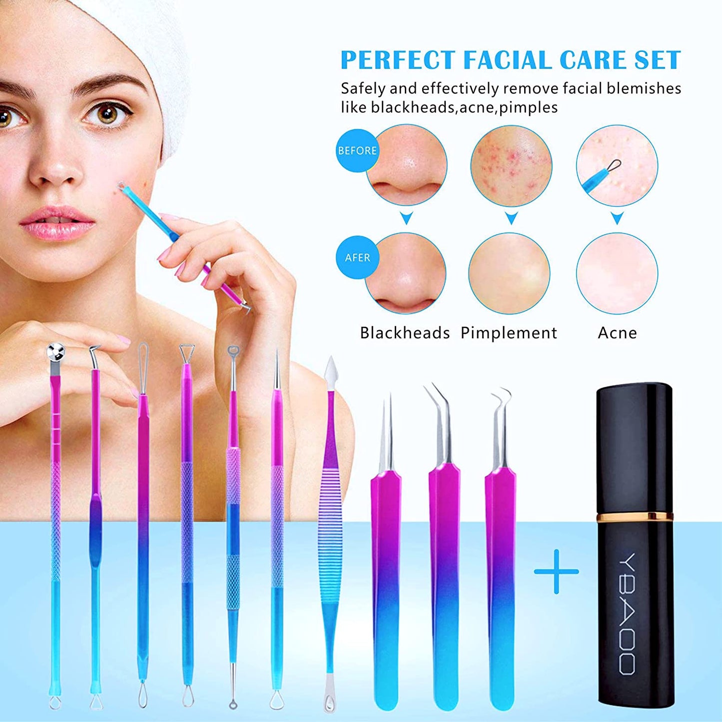 Blackhead Remover Extractor Tool, Ybaoo 10 Pcs Professional Surgical Pimple Popper Tool Kit with Metal Case for Quick and Easy Removal of Blackheads,Pimples,Zit Removing,Facial and Nose(Colorful) Health & Beauty > Personal Care > Cosmetics > Cosmetic Tools > Skin Care Tools Ybaoo   