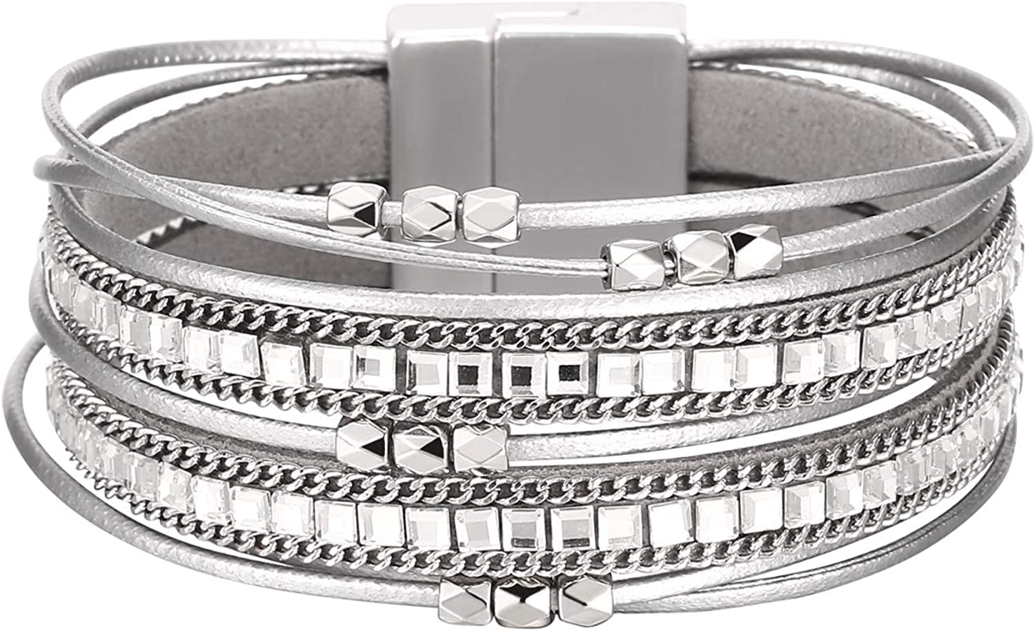 Fesciory Leather Wrap Bracelet for Women, Leopard Multi-Layer Magnetic Buckle Cuff Bracelet Jewelry Apparel & Accessories > Jewelry > Bracelets Fesciory B29-Short Gray  