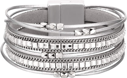 Fesciory Leather Wrap Bracelet for Women, Leopard Multi-Layer Magnetic Buckle Cuff Bracelet Jewelry Apparel & Accessories > Jewelry > Bracelets Fesciory B29-Short Gray  
