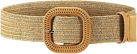 Women Skinny Dress Belt, Fashion Straw Woven Elastic Stretch Waist Band Wood Buckle Belt Apparel & Accessories > Clothing Accessories > Belts YUCFOREN Type 1-khaki Waist below 36" 