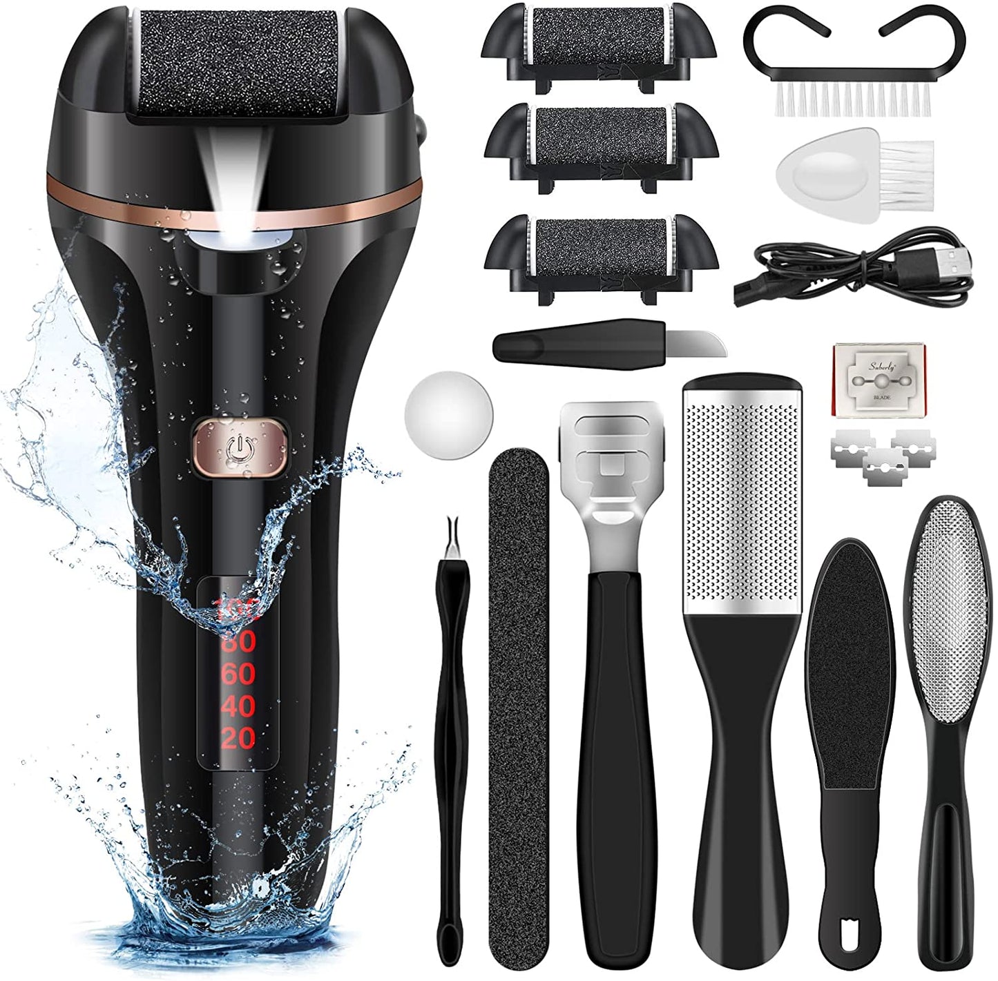 Electric Foot File Callus Remover for Feet, Rechargeable Pedicure Tools Foot Care Kit, Callus Remover with 3 Roller Heads,2 Speed,Battery Display for Remove Cracked Heels Calluses and Hard Skin Health & Beauty > Personal Care > Foot Care DanByte Black & Black  
