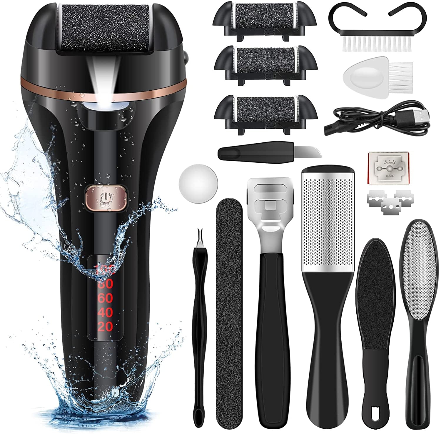 Electric Foot File Callus Remover for Feet, Rechargeable Pedicure Tools Foot Care Kit, Callus Remover with 3 Roller Heads,2 Speed,Battery Display for Remove Cracked Heels Calluses and Hard Skin Health & Beauty > Personal Care > Foot Care DanByte Black & Black  