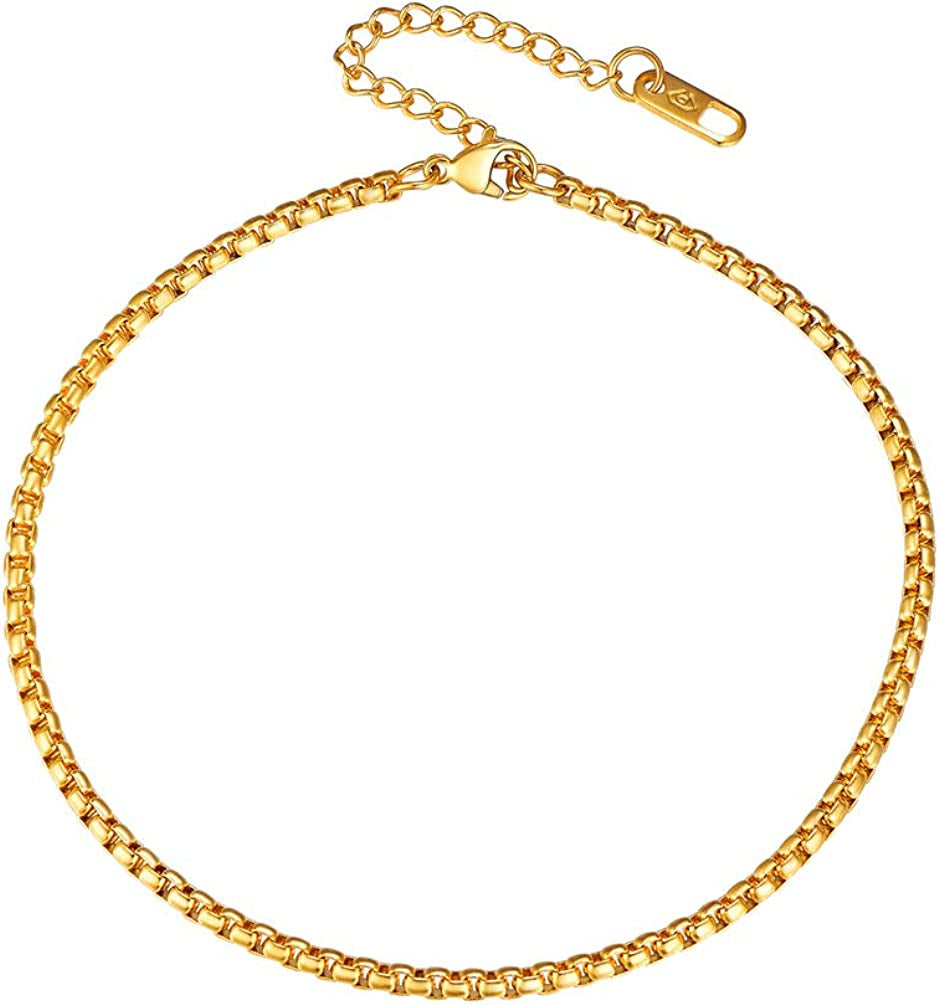 PROSTEEL Stainless Steel Chain Anklets for Men Women, Silver/Gold Tone, Ankle Bracelets Hypoallergenic, 8-10.5 Inch Adjustable, Come Gift Box Apparel & Accessories > Jewelry > Anklets Prosteel Jewelry F: gold-box chain-3mm  