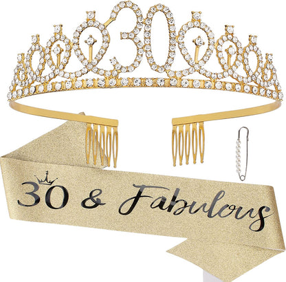 CAVETEE Rose Gold 30 & Fabulous Birthday Sash and Crown 30Th Birthday Tiaras and Sash Set for Women Birthday Decorations Birthday Queen Crowns Tiaras for Women Apparel & Accessories > Clothing Accessories > Sashes CAVETEE Gold  