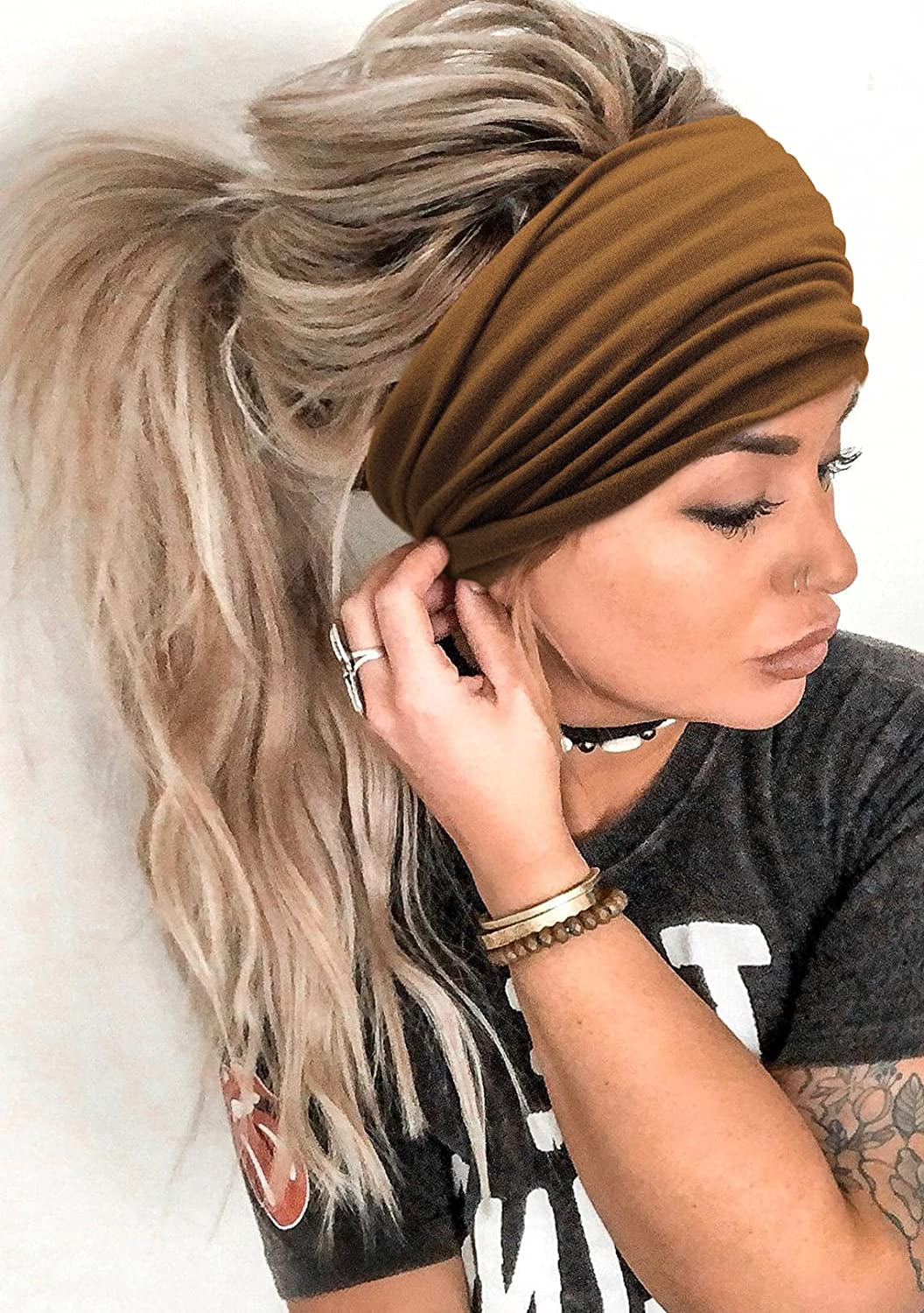 Wide Headbands for Women Black Stylish Head Wraps Boho Thick Hairbands Large African Sport Yoga Turban Headband Hair Accessories (Pack of 4) Apparel & Accessories > Clothing Accessories > Bandanas & Headties Huachi   