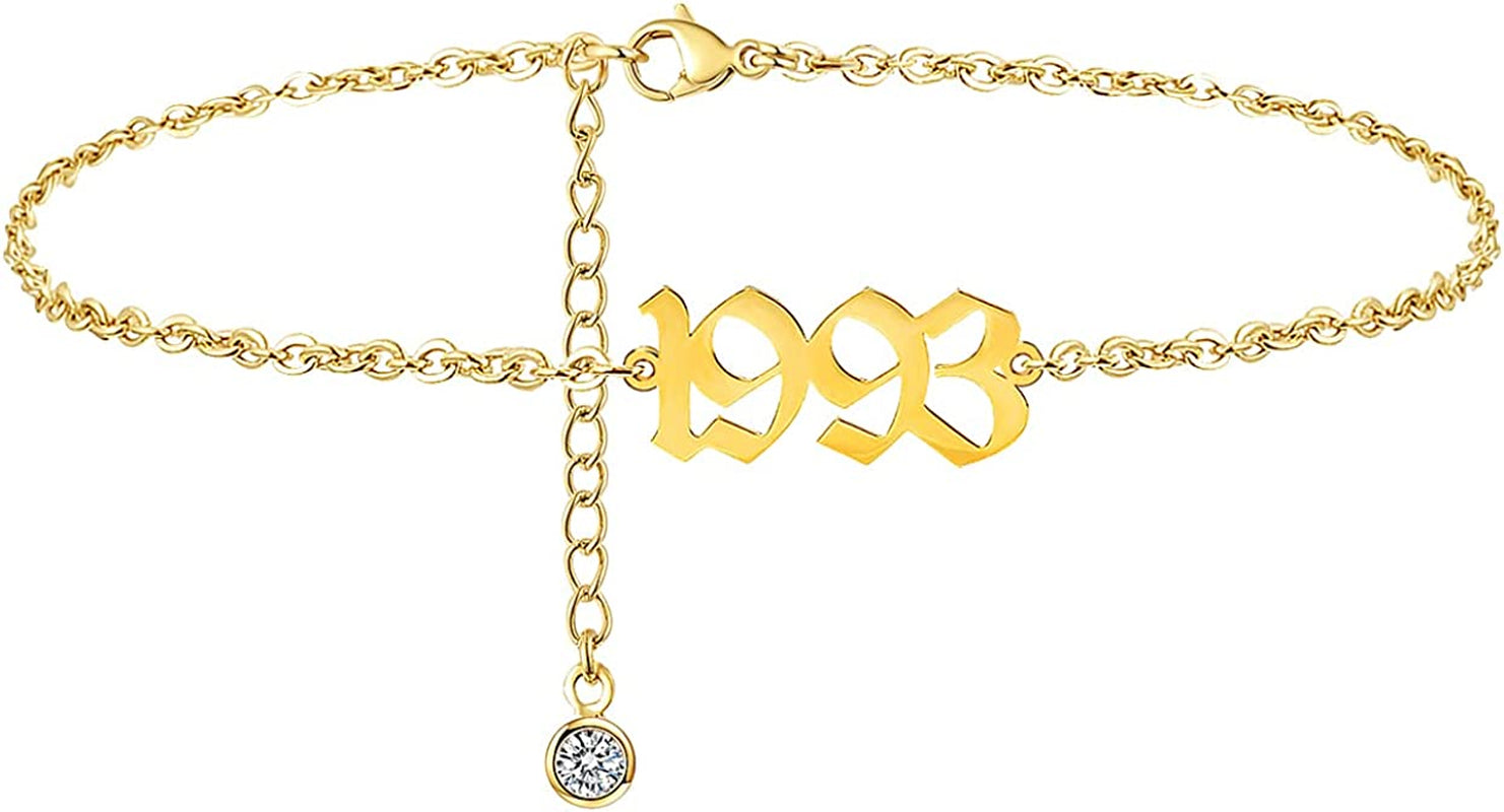 JYUEDA Birth Year Anklet Bracelet for Women,Beach Foot Chain Cute Ankle Bracelet,14K Gold Plated Anklets for Women Teen Girls Apparel & Accessories > Jewelry > Anklets JYUEDA 1993  