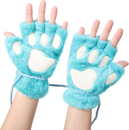 Odema Womens Bear Plush Cat Paw Claw Glove Soft Winter Fingerless Mitten Gloves Apparel & Accessories > Clothing Accessories > Gloves & Mittens Odema Lightgreen  