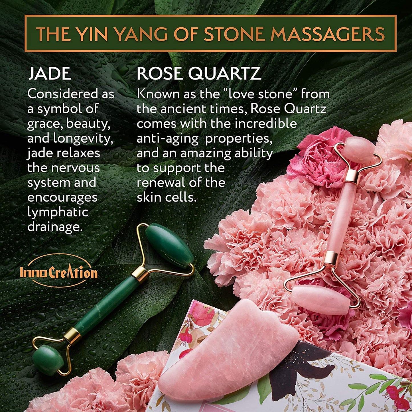 Authentic Jade Roller, Natural Rose Quartz Roller and Gua Sha | 3-In-1 Stone Face Massager Kit | Anti-Aging Beauty Tools for Slimming, Toning and Firming Skin | Reduce Puffy Eyes and Firm Wrinkles Health & Beauty > Personal Care > Cosmetics > Cosmetic Tools > Skin Care Tools InnoCreation   