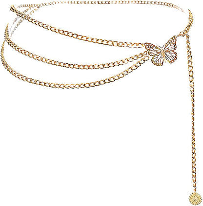 Eyraevor Women Long Tassel Waist Chain Belt Multilayer Body Belly Chain for Dress Apparel & Accessories > Jewelry > Body Jewelry Eyraevor Gold Butterfly-49inch  