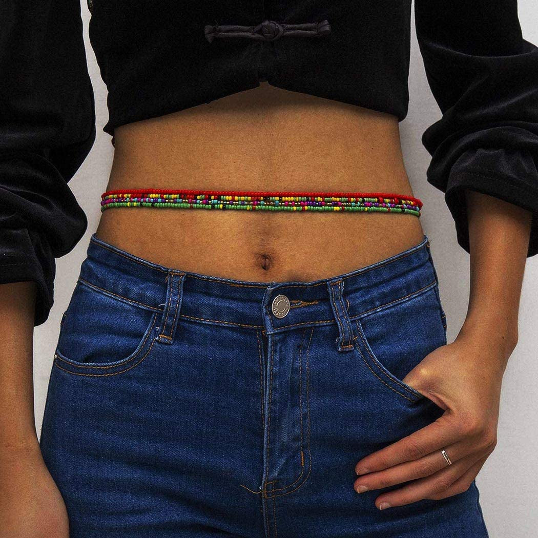 ELABEST plus Size African Waist Beads Chain Layered Belly Body Chain Beach 7Pack Waist Jewelry Body Accessories for Women and Girls Apparel & Accessories > Jewelry > Body Jewelry ELABEST   
