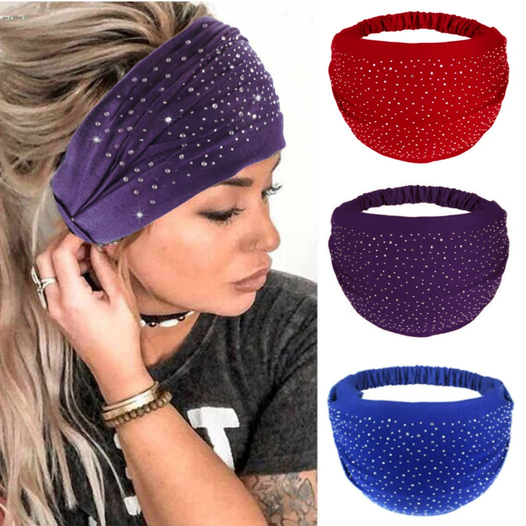 CAKURE Crystal Wide Headbands Rhinestone Bling Head Bands Sparkle Head Scarf Turban Headband Elastic African Head Wraps Sport Hair Bands for Women and Girls Pack of 3 (Set 2) Apparel & Accessories > Clothing Accessories > Bandanas & Headties CAKURE set 4  