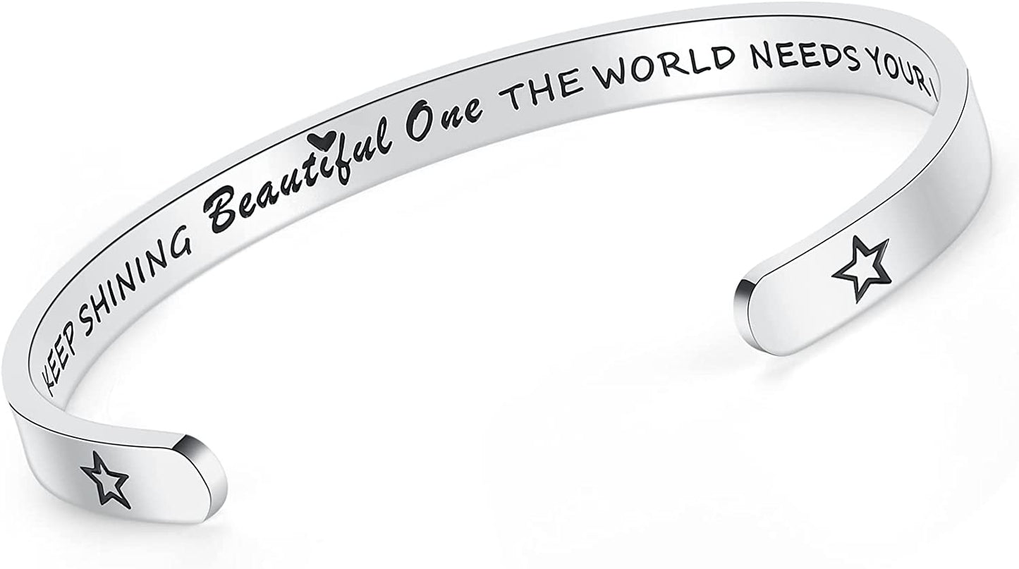 Aryahozel Motivational Cuff Bracelet for Women Girls, Personalized Jewelry Gifts for Her Daughter Mom Sister Niece Best Friends, Engraved Different Sayings Apparel & Accessories > Jewelry > Bracelets AryaHozel Keep Shining Beautiful One The World Needs Your Light  